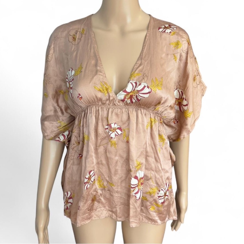 vtg deep v plunge neckline dolman sleeve cinched waist top bat wing 100% silk - Picture 3 of 8